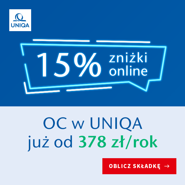 15% zniżki OC w UNIQA już od 321 zł/rok. Oblicz składkę.